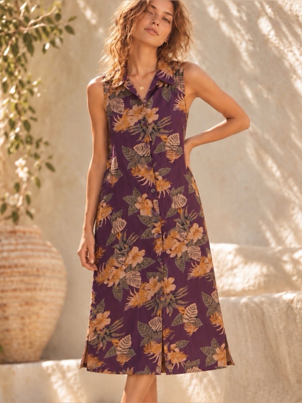 Vintage Sag Harbor 100% Silk Purple Floral Button Front Midi Dress Size M